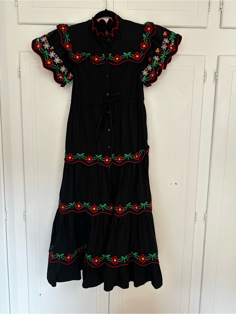 CeliaB Black Maxi Dress with Red & Green Floral Embroidery